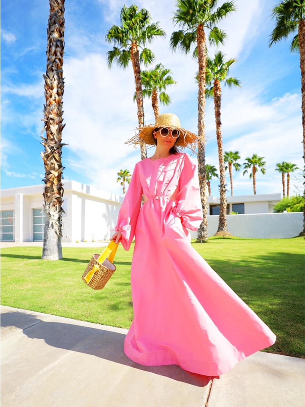 STAUD - Pink Crew Neck Long Dress With Puffy Long Sleeves and Side Cutouts